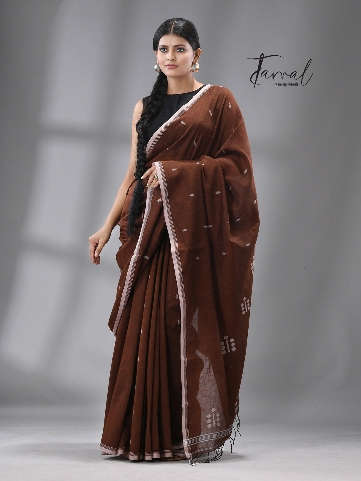 Chocolate brown with white combination pure cotton coin pallu handwoven jamdani saree - Tamal Boutique