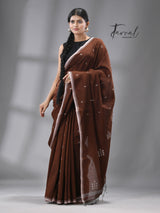Chocolate brown with white combination pure cotton coin pallu handwoven jamdani saree - Tamal Boutique
