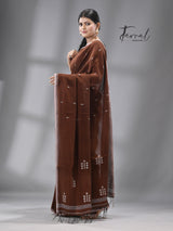 Chocolate brown with white combination pure cotton coin pallu handwoven jamdani saree - Tamal Boutique