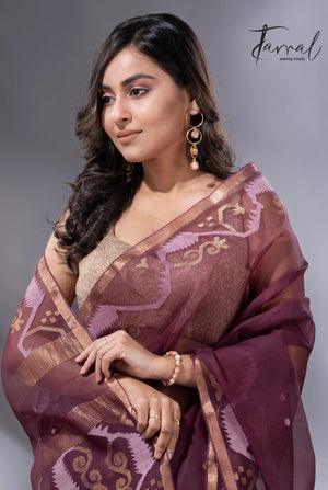 Chocolate brown with zari border traditional handwoven jamdani in muslin silk - Tamal Boutique