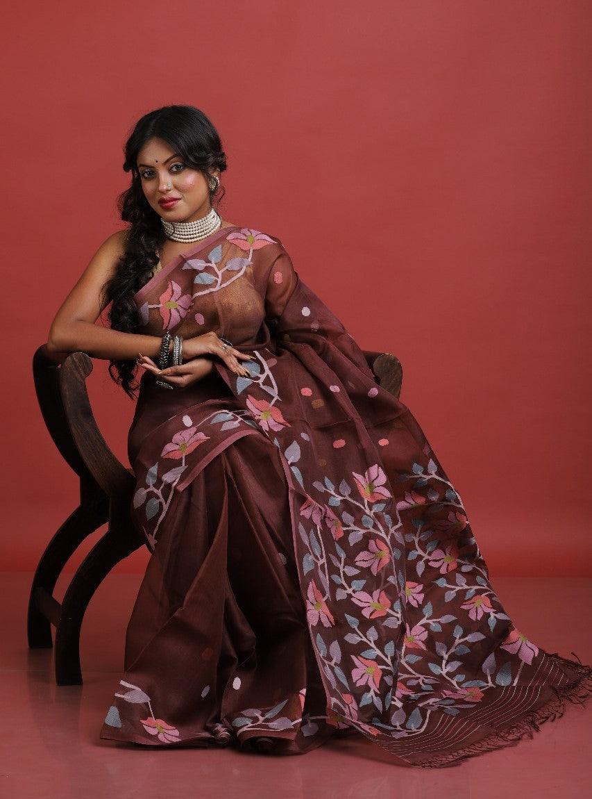 Chocolate brown with multi colour floral lata handwoven jamdani saree - Tamal Boutique
