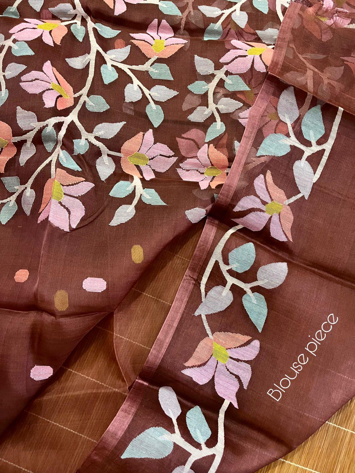 Chocolate brown with multi colour floral lata handwoven jamdani saree - Tamal Boutique