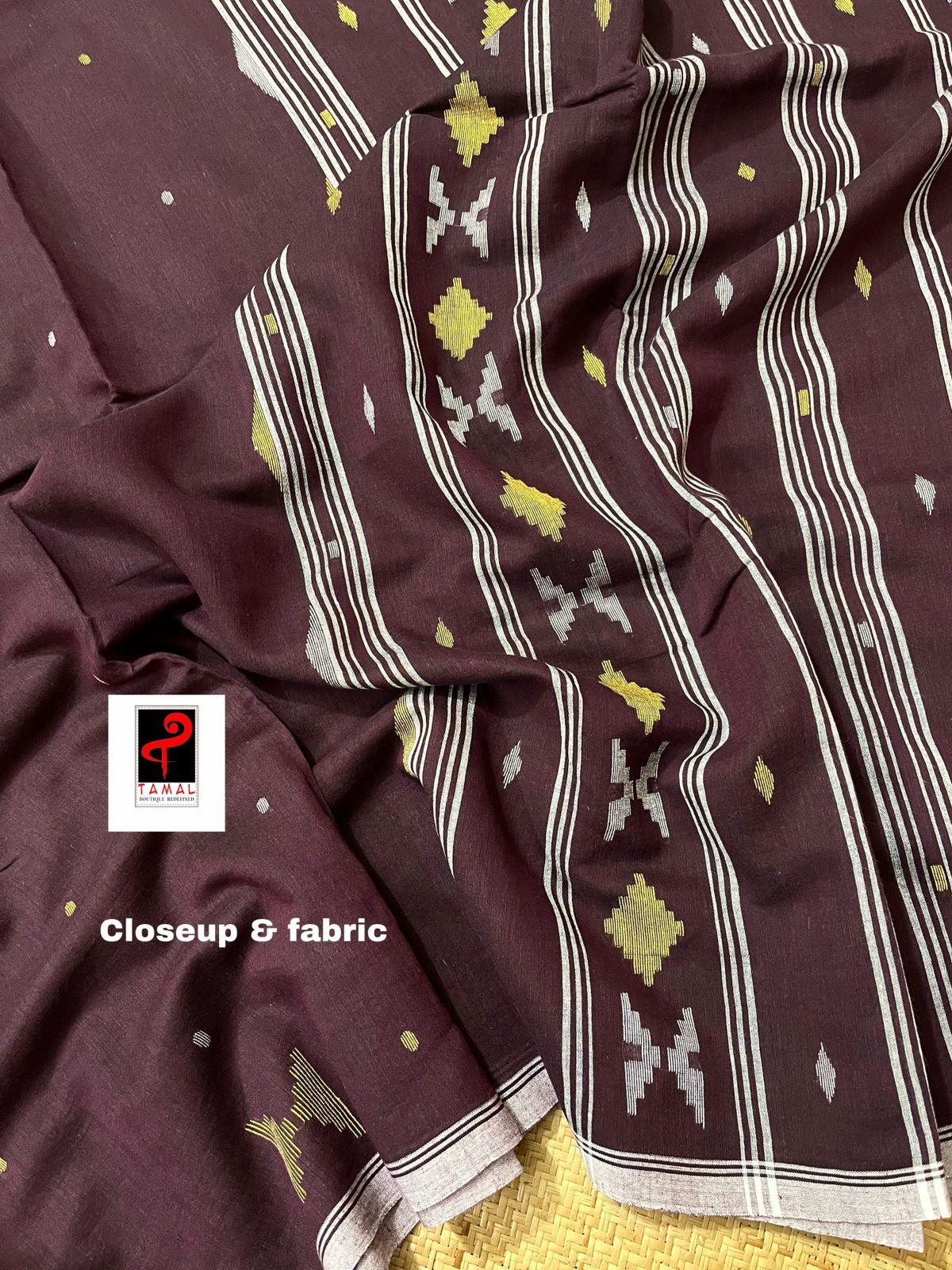 Chocolate color diamond design cotton handwoven jamdani saree