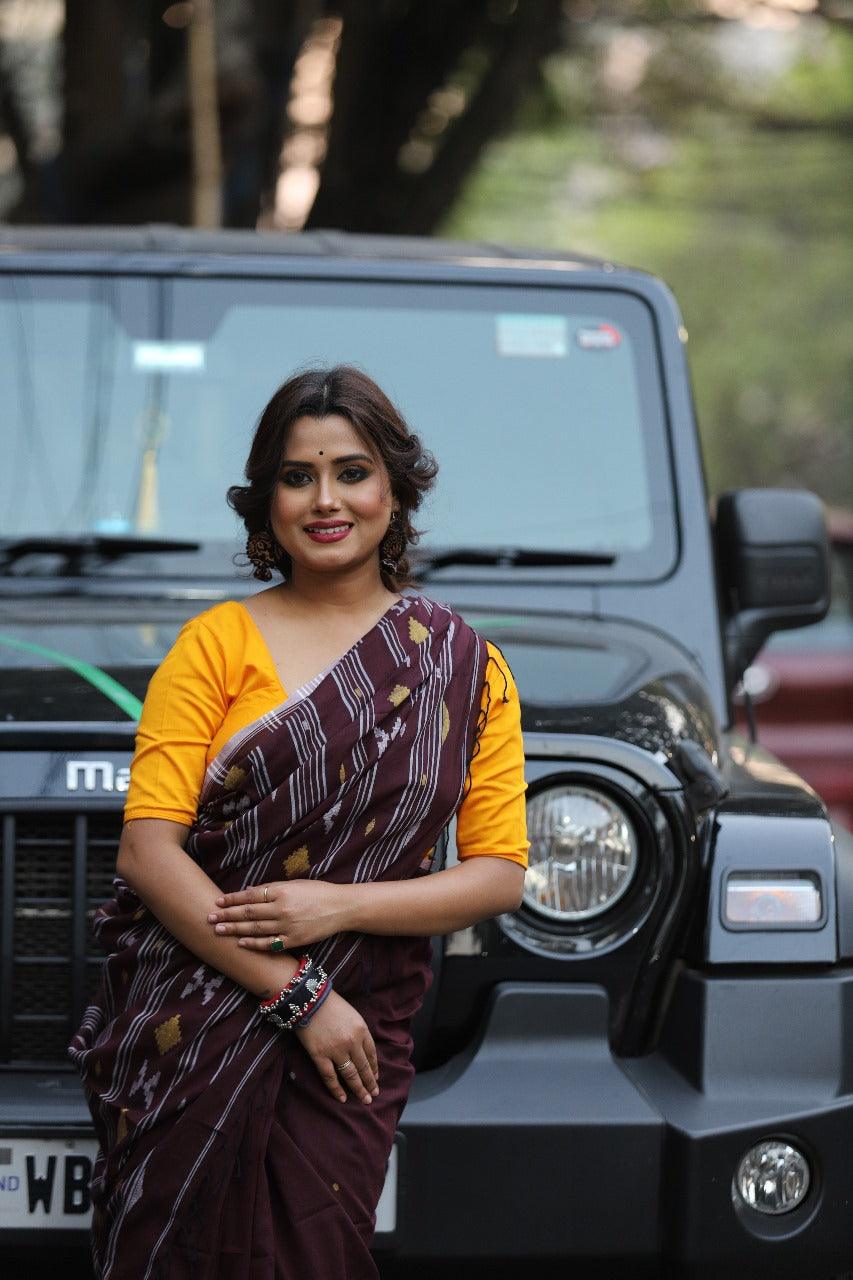 Chocolate color diamond design cotton handwoven jamdani saree