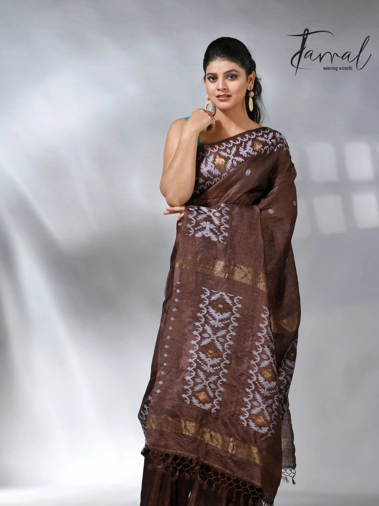 Chocolate with white Dhakai in tusser handwoven jamdani saree