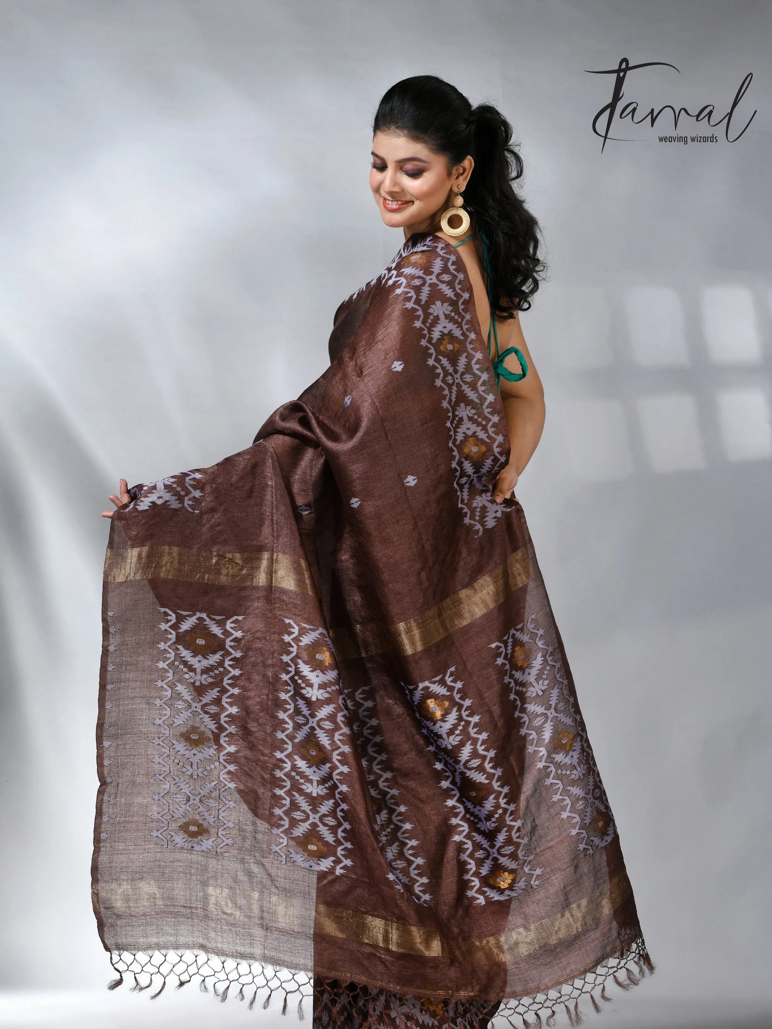 Chocolate with white Dhakai in tusser handwoven jamdani saree