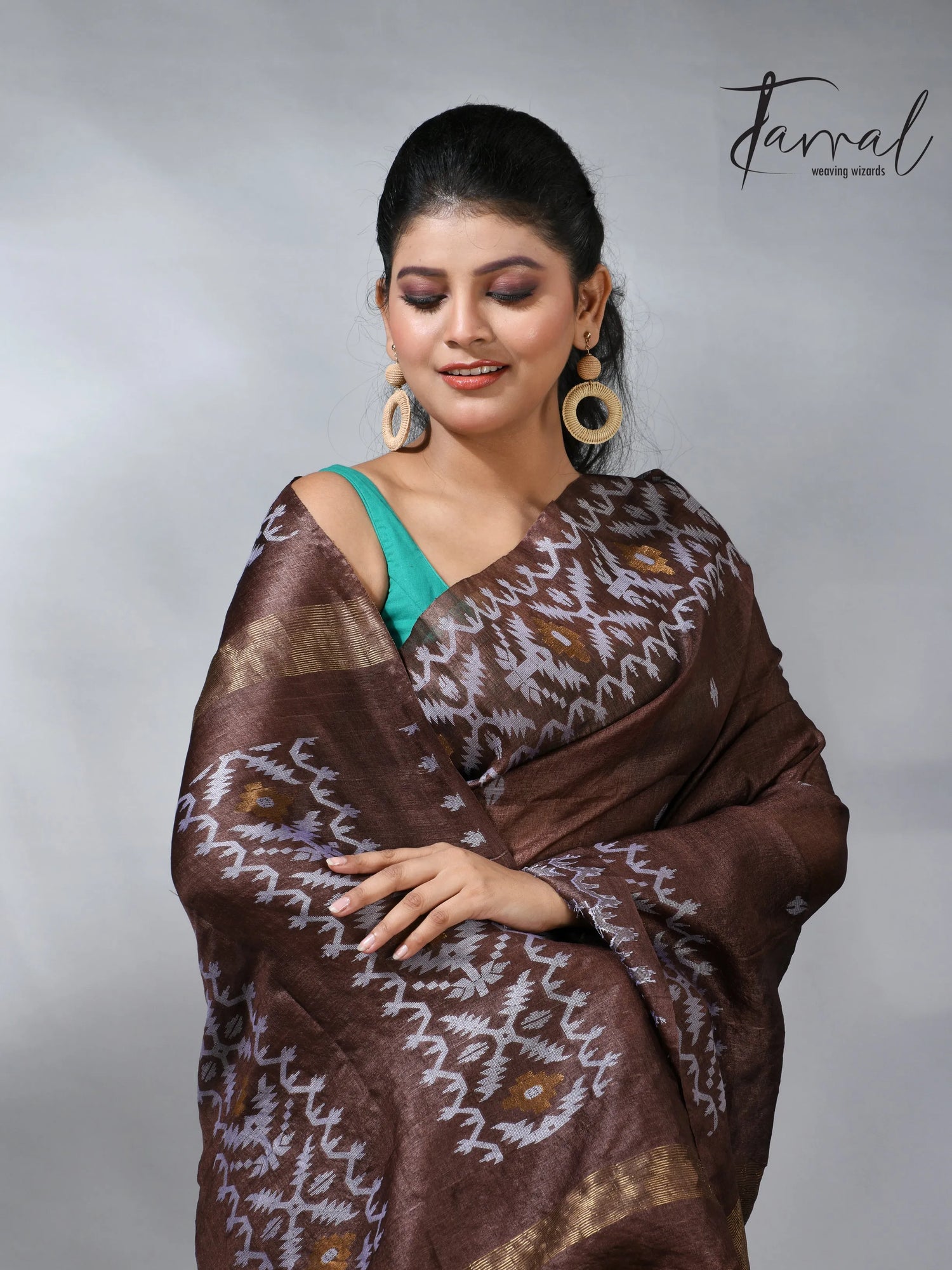 Chocolate with white Dhakai in tusser handwoven jamdani saree