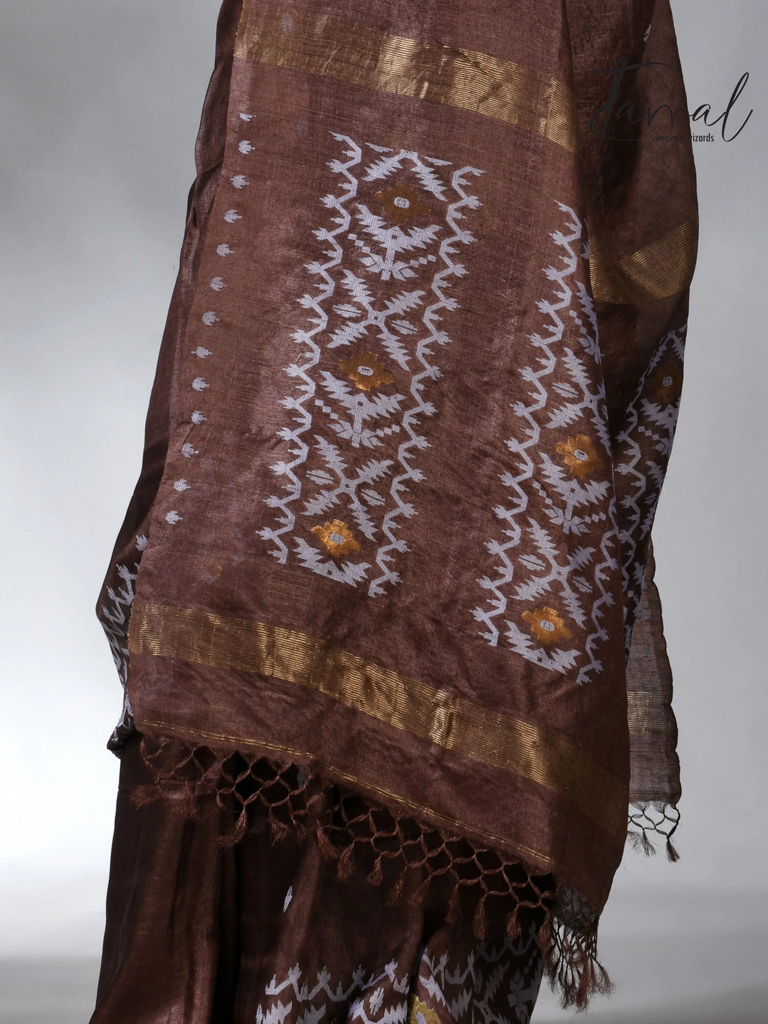Chocolate with white Dhakai in tusser handwoven jamdani saree