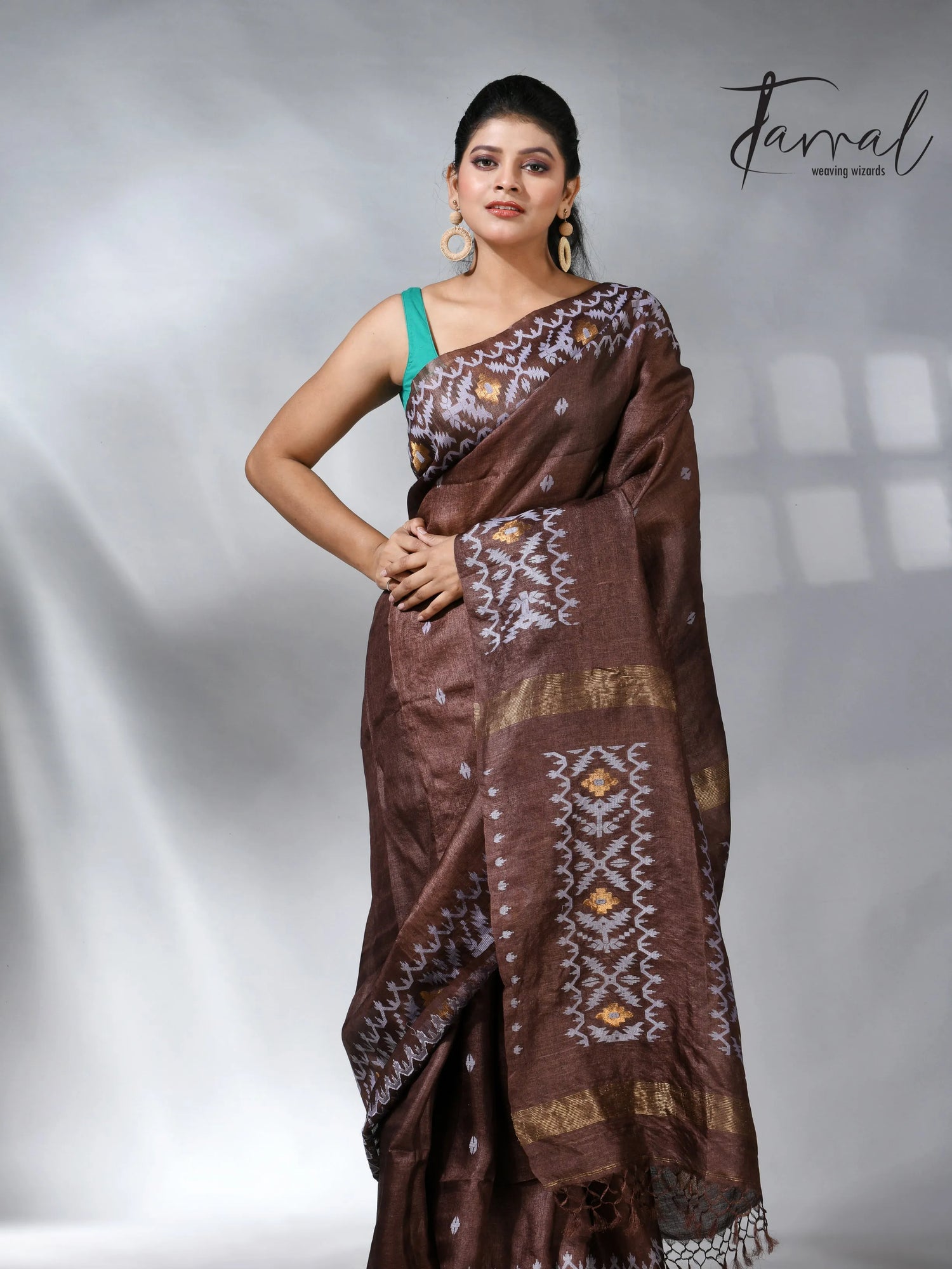 Chocolate with white Dhakai in tusser handwoven jamdani saree