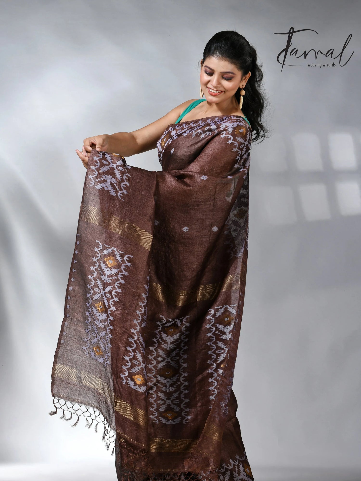 Chocolate with white Dhakai in tusser handwoven jamdani saree