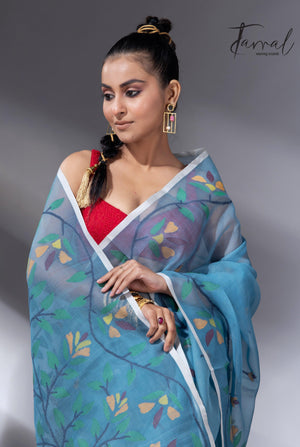 Cloudy blue with floral border muslin silk handwoven jamdani saree cl