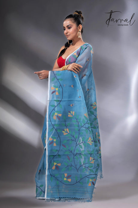 Cloudy blue with floral border muslin silk handwoven jamdani saree full3