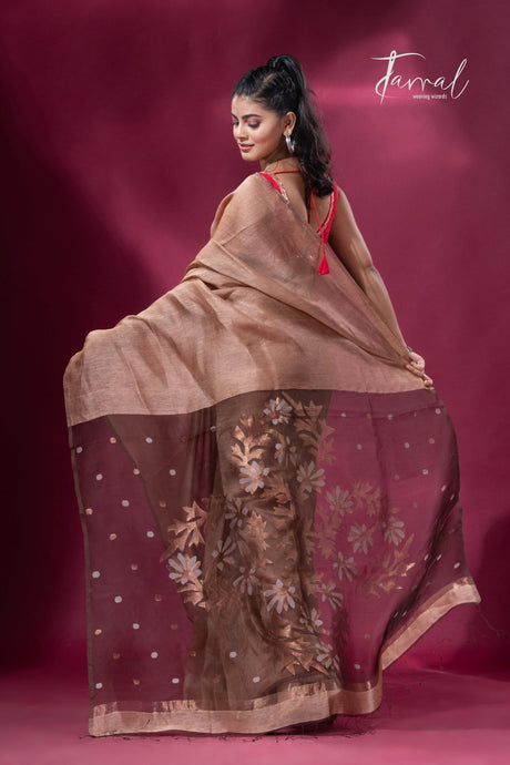 Coffee brown colour silk linen handwoven jamdani saree - Tamal Boutique