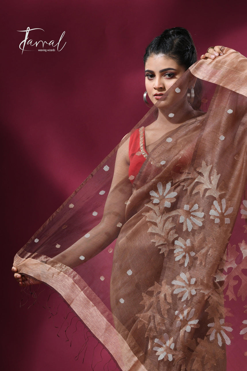 Coffee brown colour silk linen handwoven jamdani saree - Tamal Boutique