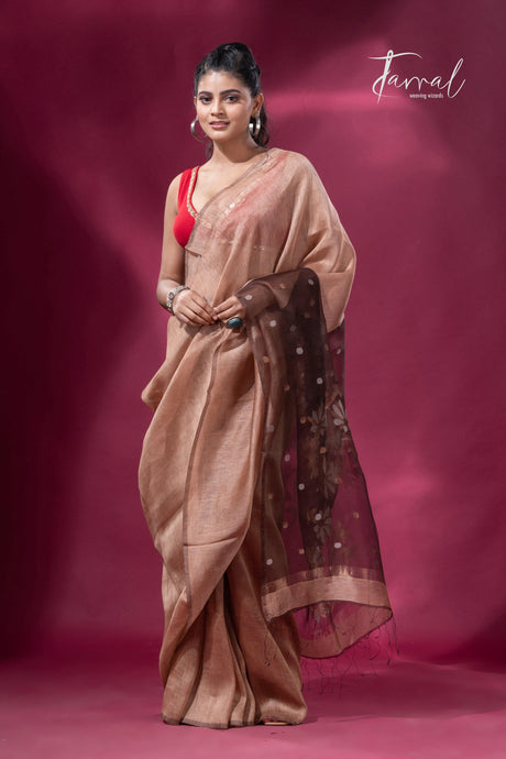 Coffee brown colour silk linen handwoven jamdani saree - Tamal Boutique