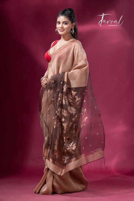 Coffee brown colour silk linen handwoven jamdani saree - Tamal Boutique