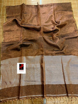 Copper brown metallic tissue linen handloom saree - Tamal Boutique
