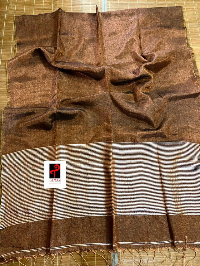 Copper brown metallic tissue linen handloom saree - Tamal Boutique