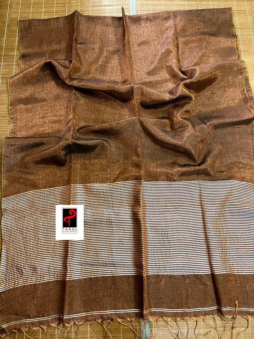 Copper brown metallic tissue linen handloom saree - Tamal Boutique
