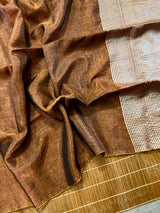 Copper brown metallic tissue linen handloom saree - Tamal Boutique