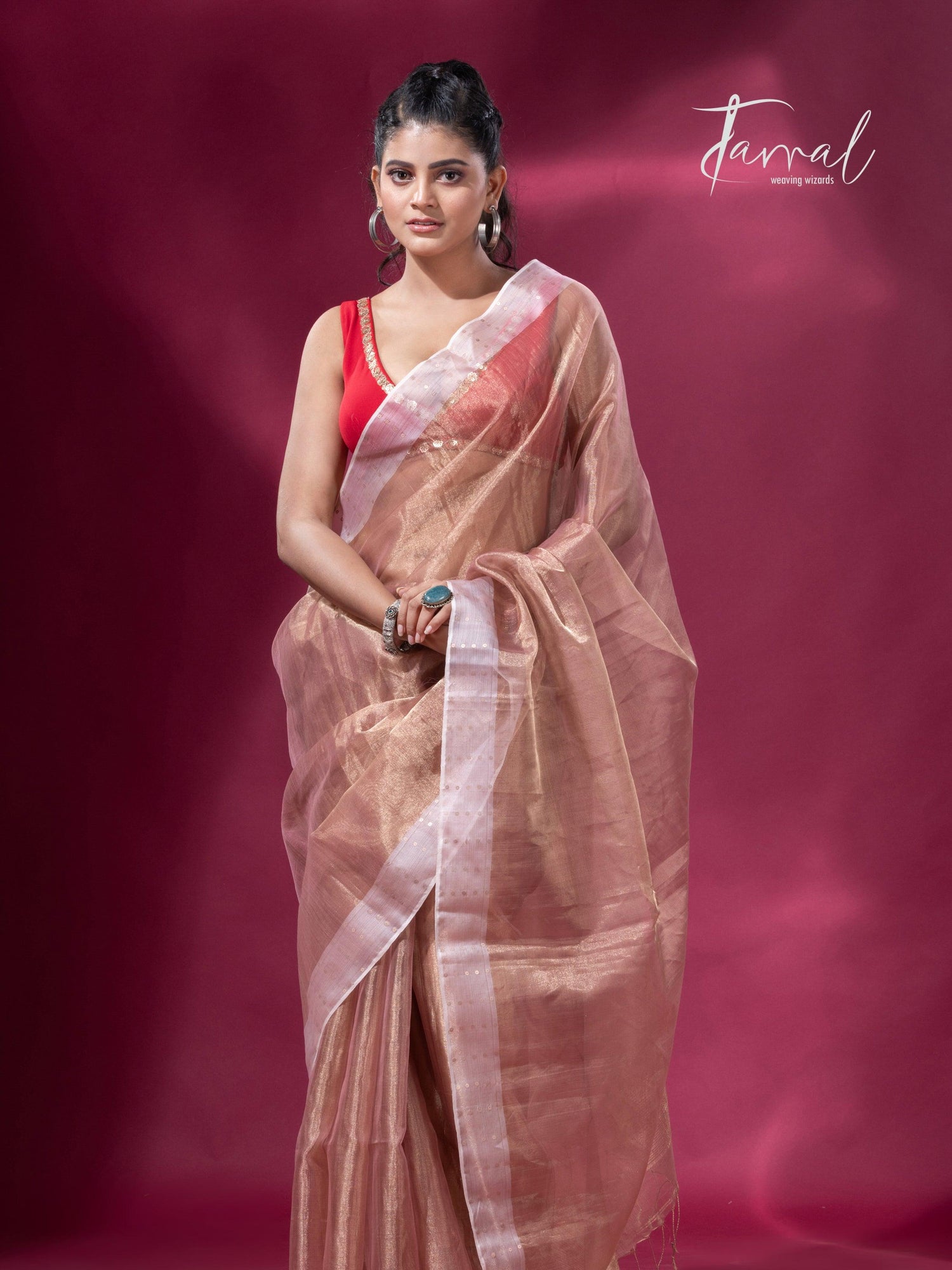 Copper gold white sequins border pure tissue silk saree full