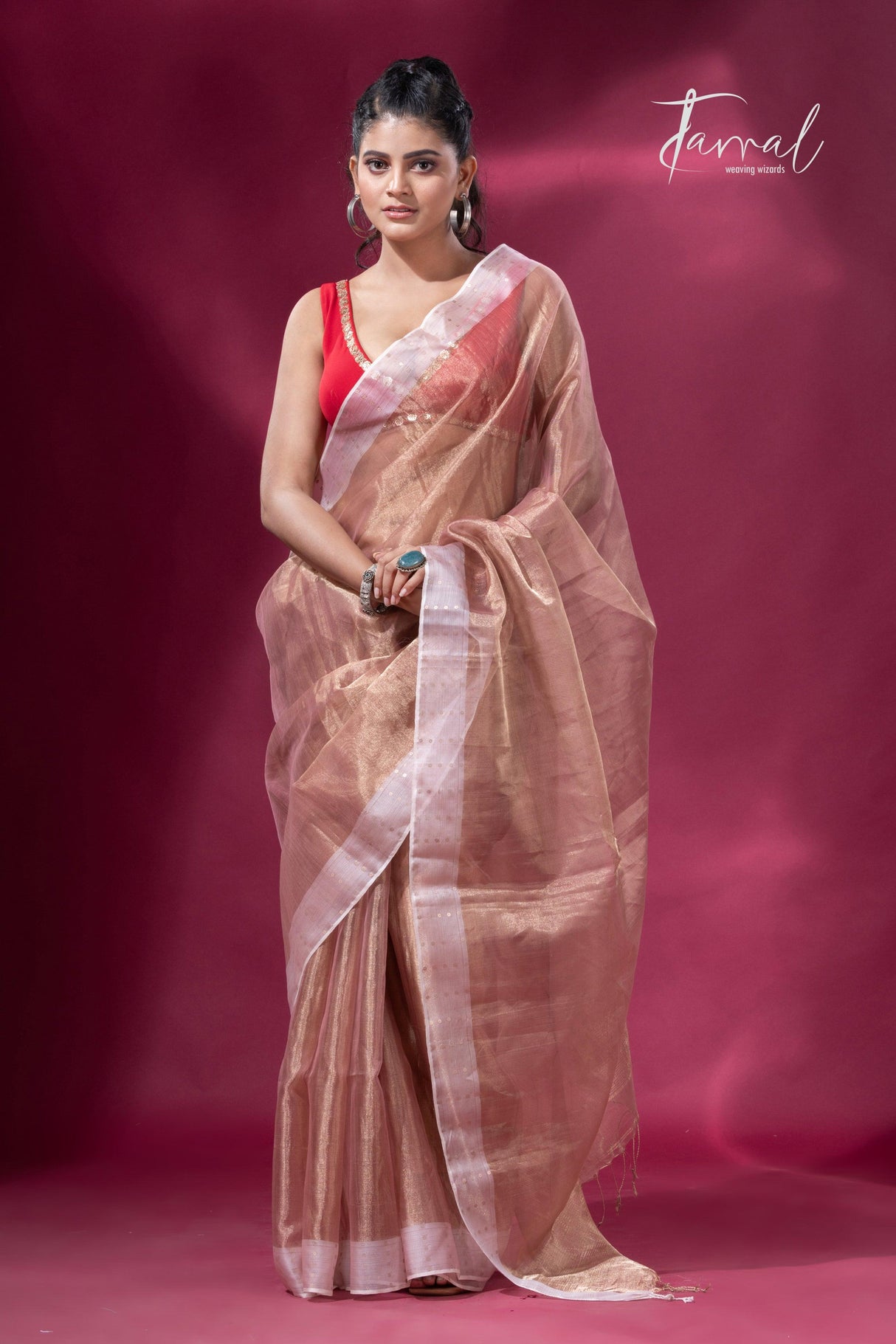 Copper gold white sequins border pure tissue silk saree full