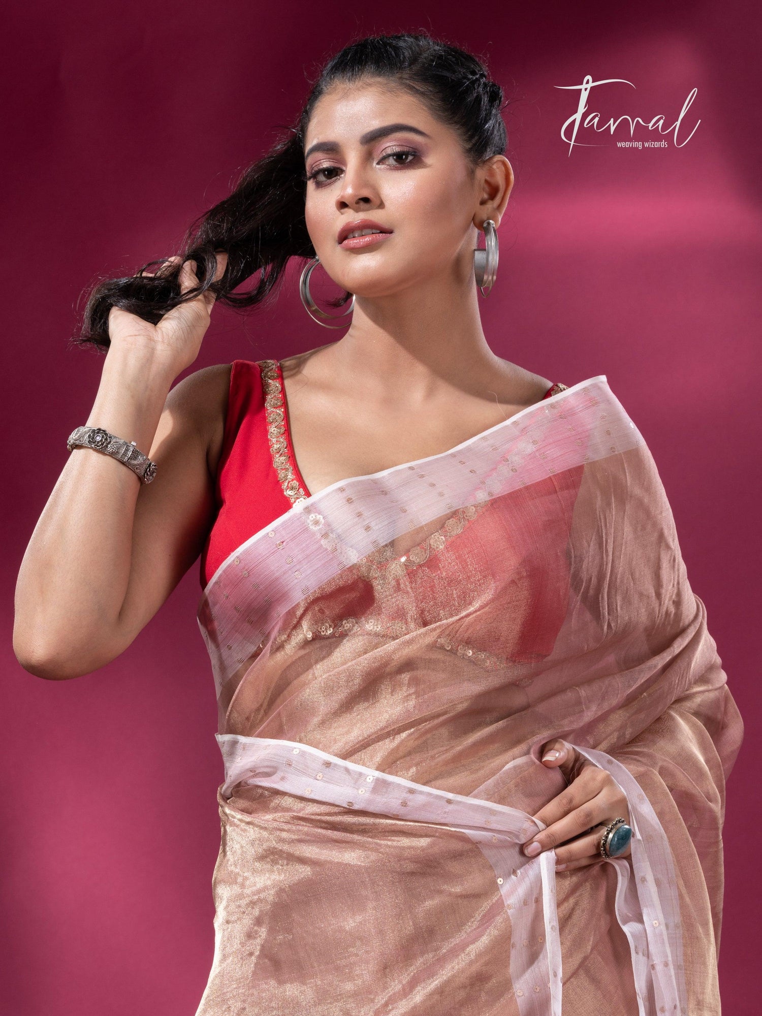 Copper gold white sequins border pure tissue silk saree full1