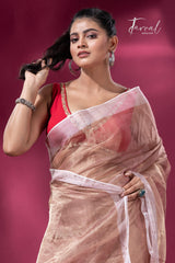 Copper gold white sequins border pure tissue silk saree full1