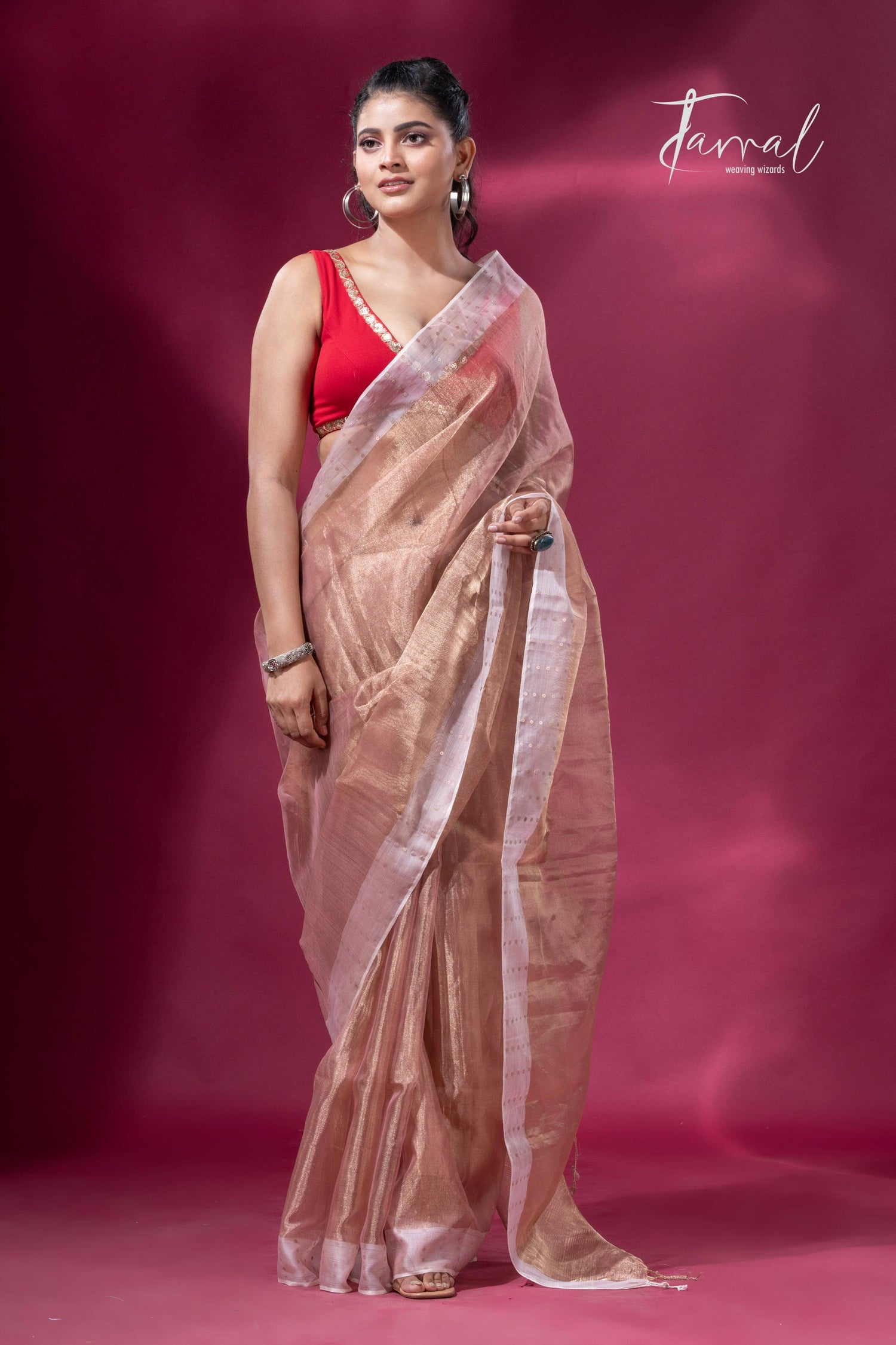 Copper gold white sequins border pure tissue silk saree full2