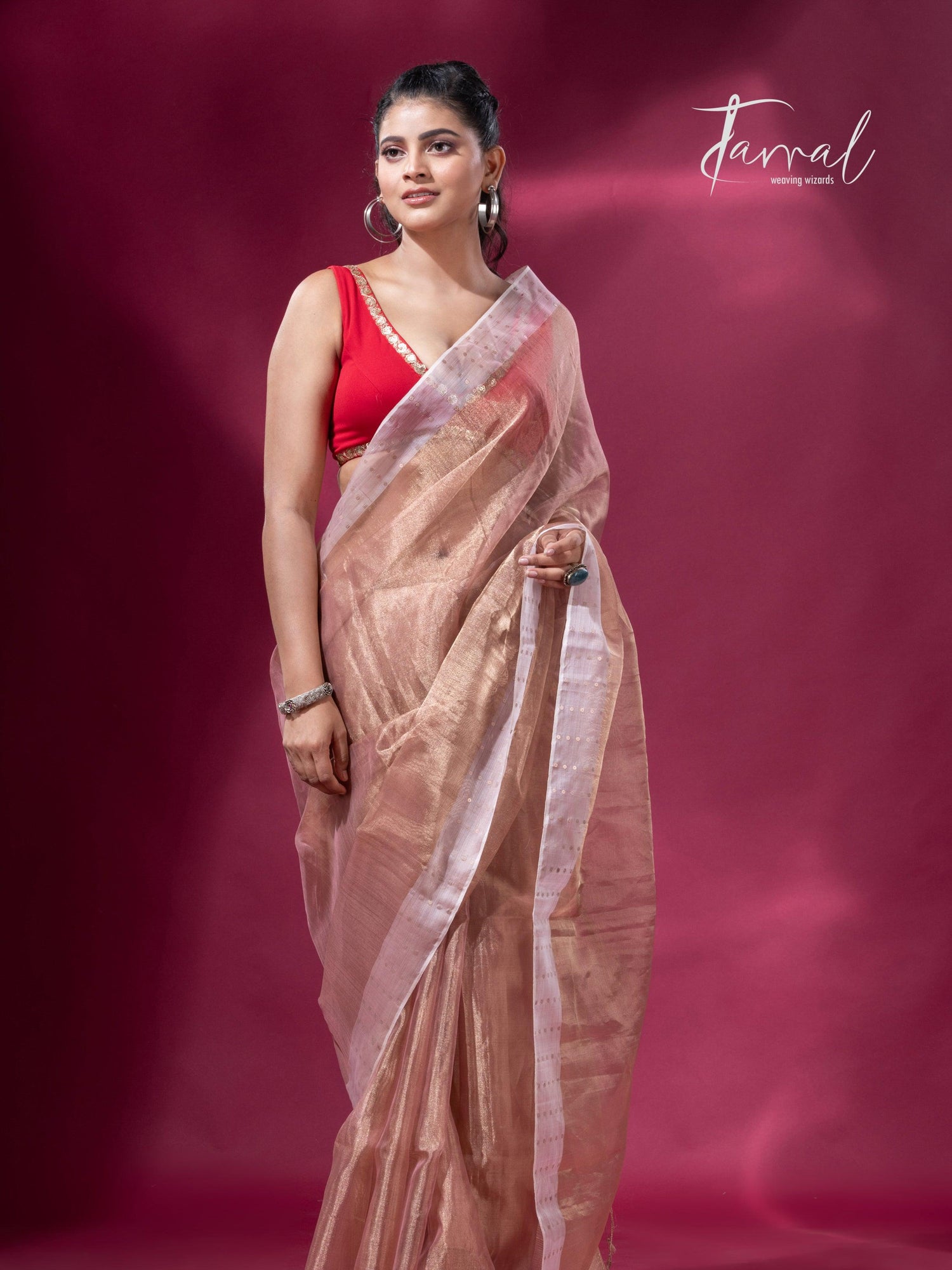 Copper gold white sequins border pure tissue silk saree full2