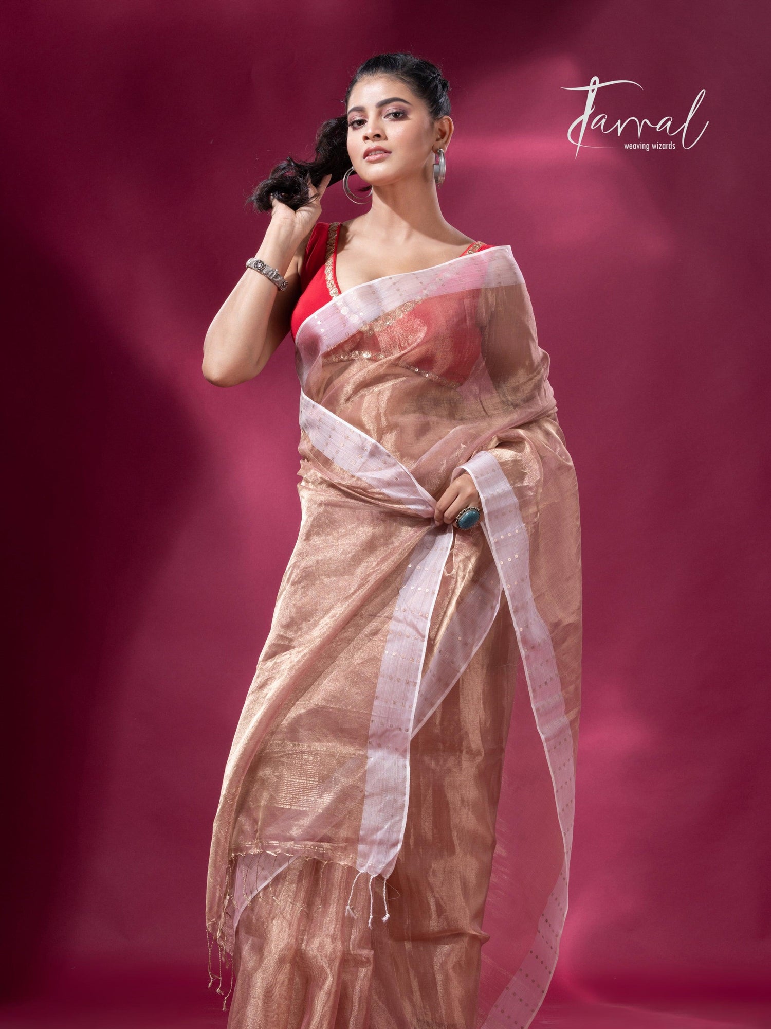 Copper gold white sequins border pure tissue silk saree full3