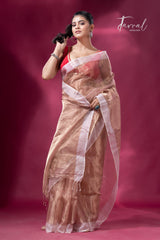 Copper gold white sequins border pure tissue silk saree full3