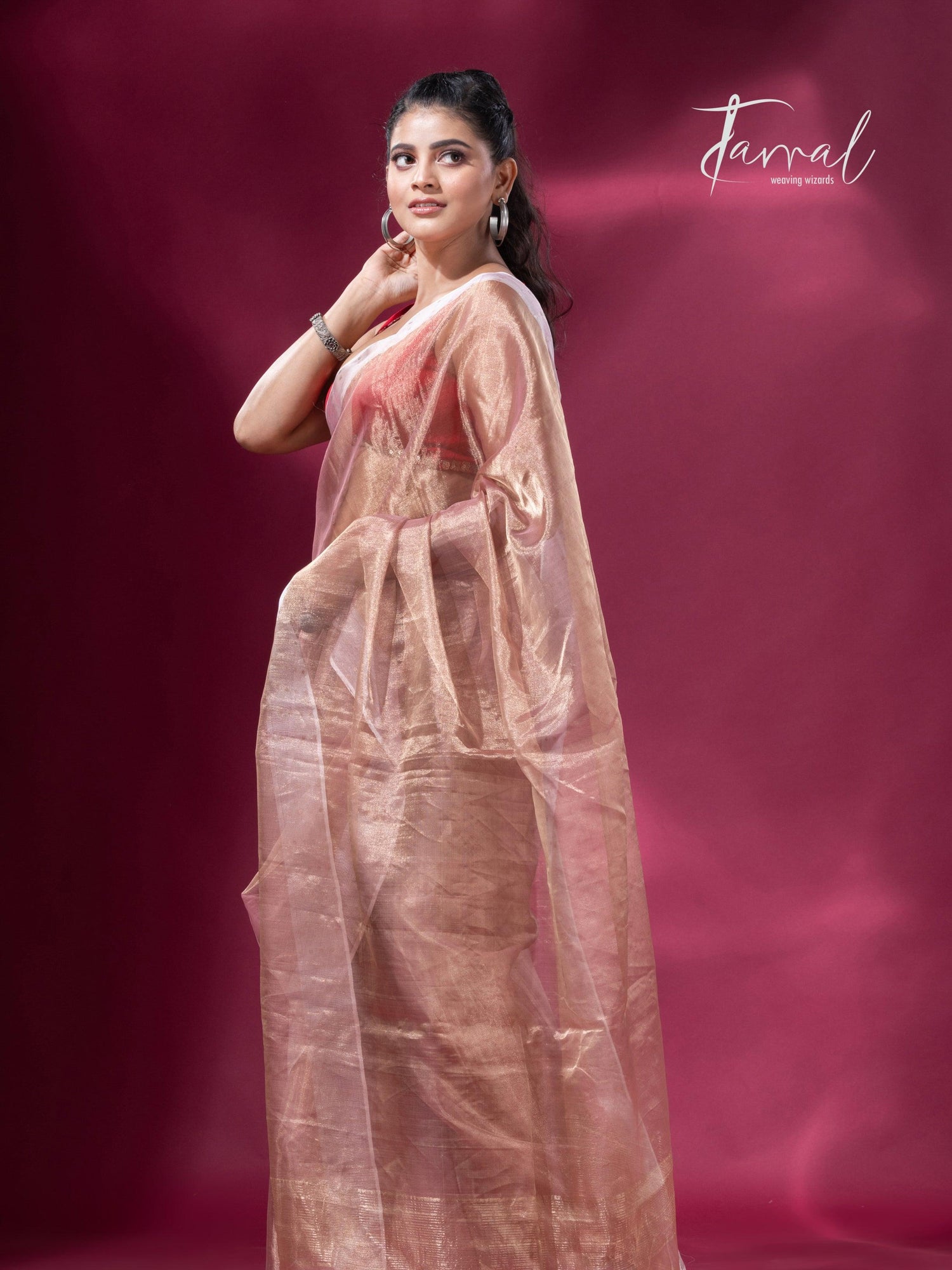 Copper gold white sequins border pure tissue silk saree full4