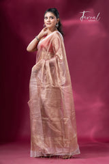 Copper gold white sequins border pure tissue silk saree full4