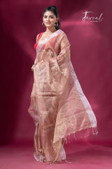 Copper gold white sequins border pure tissue silk sareefull4