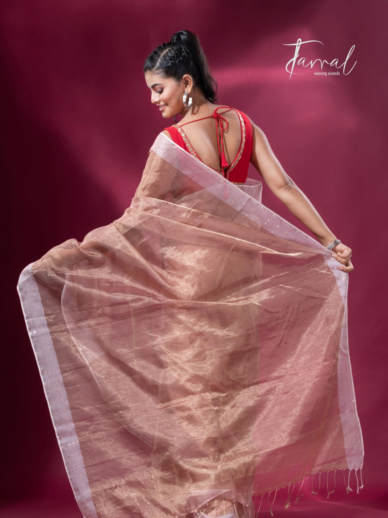 Copper gold white sequins border pure tissue silk saree full4