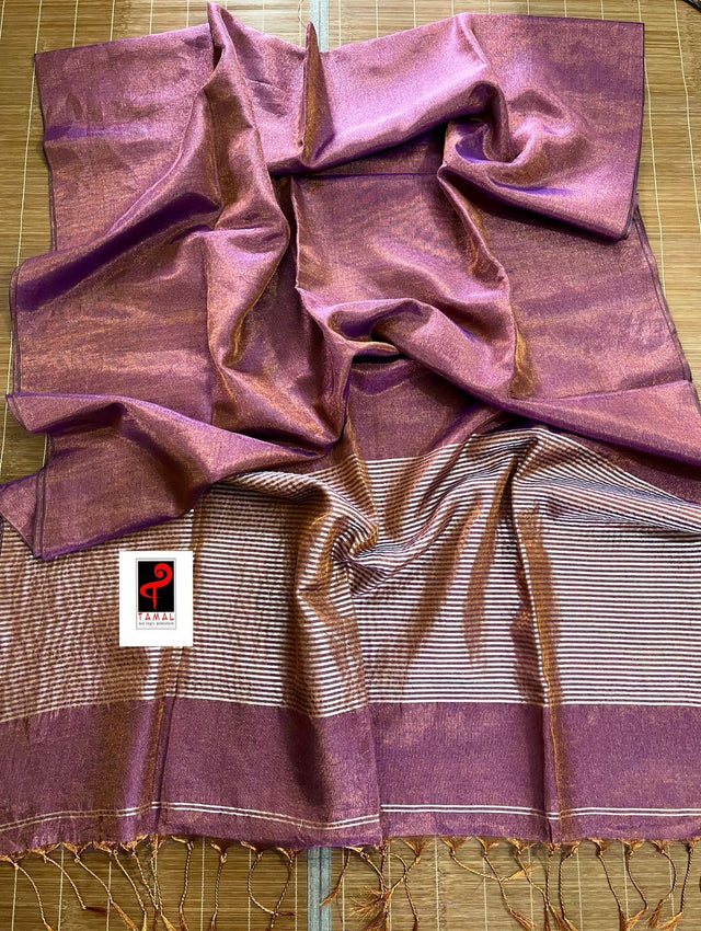 Copper purple metallic tissue linen handloom saree - Tamal Boutique