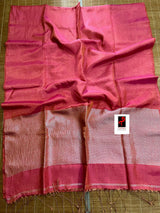 Copper rose pink metallic tissue linen handloom saree - Tamal Boutique