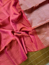 Copper rose pink metallic tissue linen handloom saree - Tamal Boutique