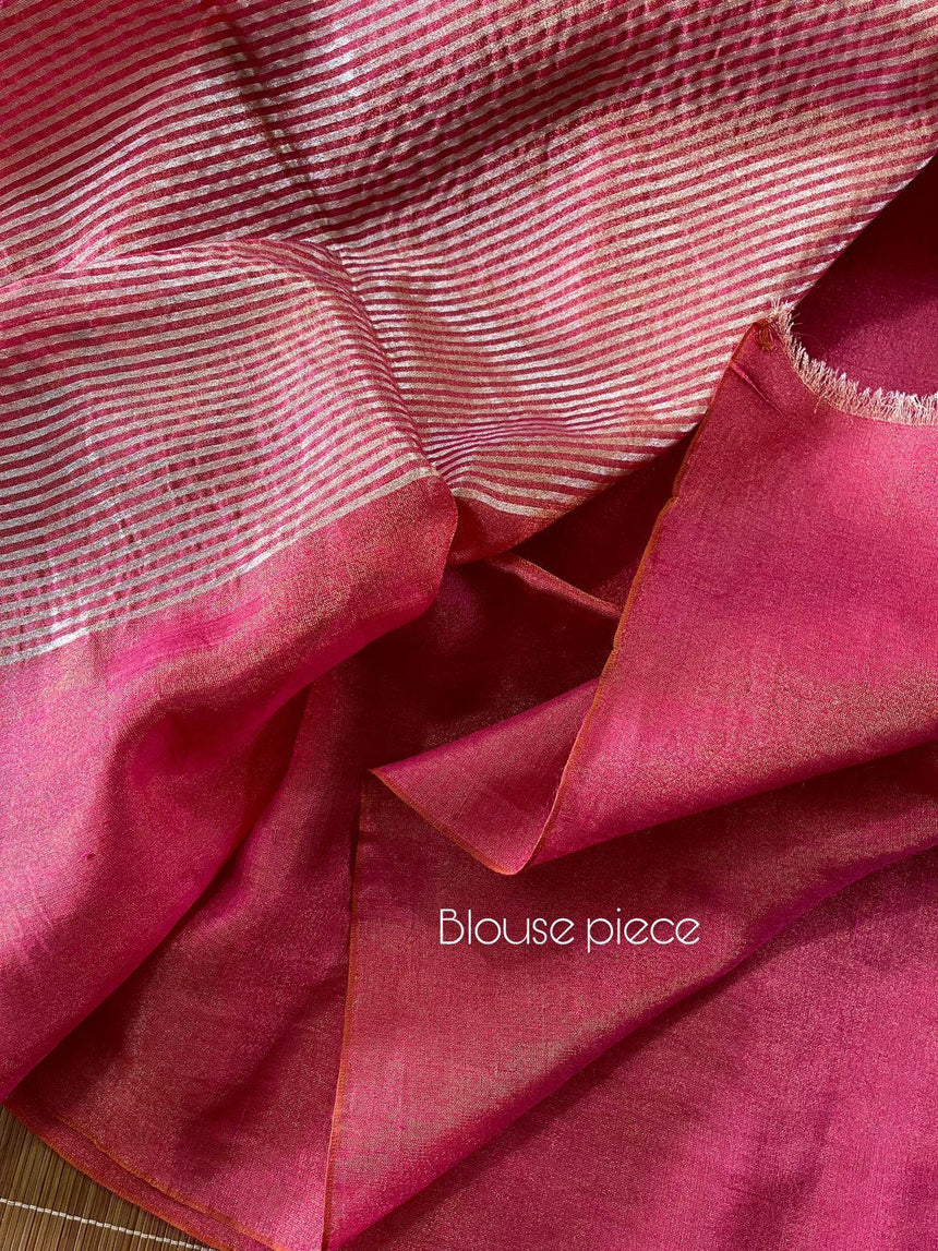 Copper rose pink metallic tissue linen handloom saree - Tamal Boutique