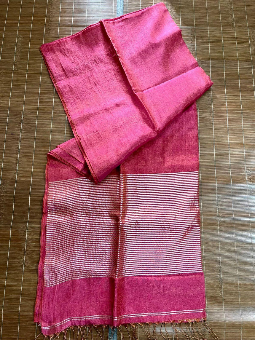 Copper rose pink metallic tissue linen handloom saree - Tamal Boutique