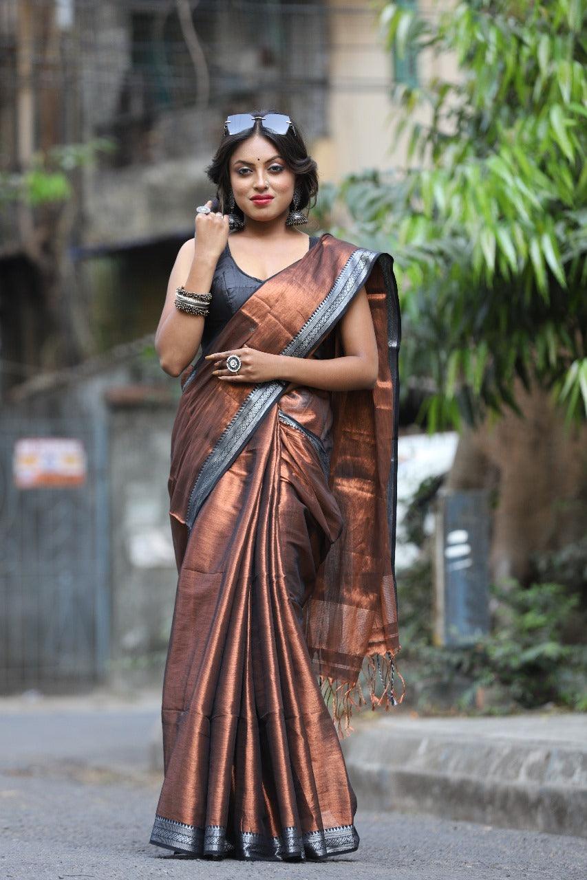 Copper with Black border tissue handloom saree - Tamal Boutique