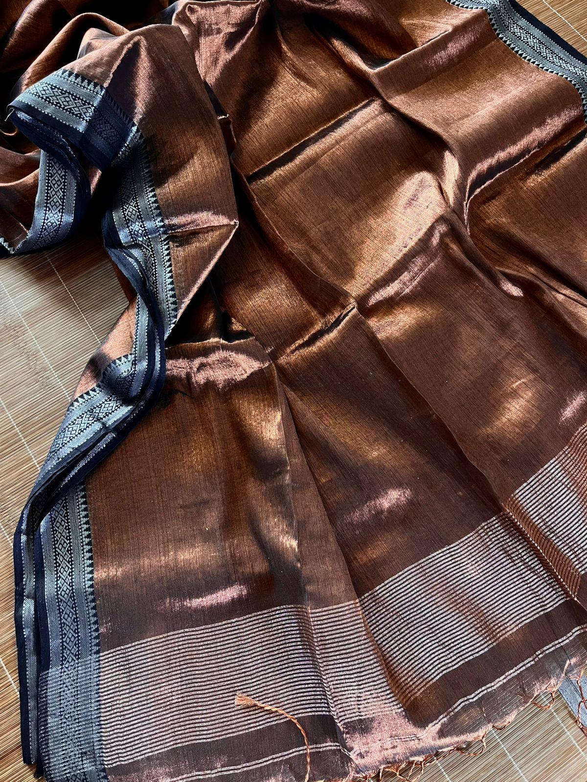 Copper with Black border tissue handloom saree - Tamal Boutique
