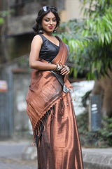 Copper with Black border tissue handloom saree - Tamal Boutique