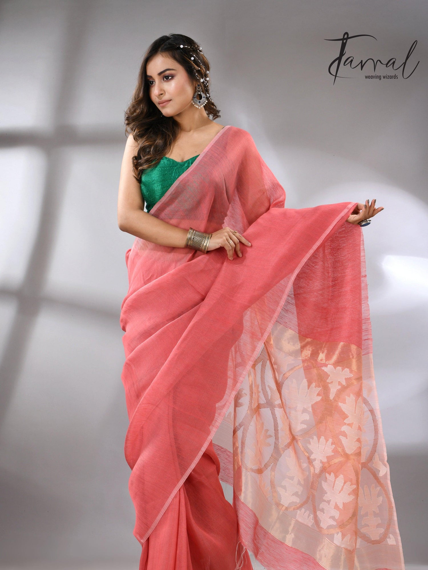 Coral Pink Handwoven Jamdani Saree with White & Golden Lotus Motif