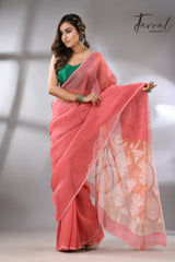 Coral Pink Handwoven Jamdani Saree with White & Golden Lotus Motif