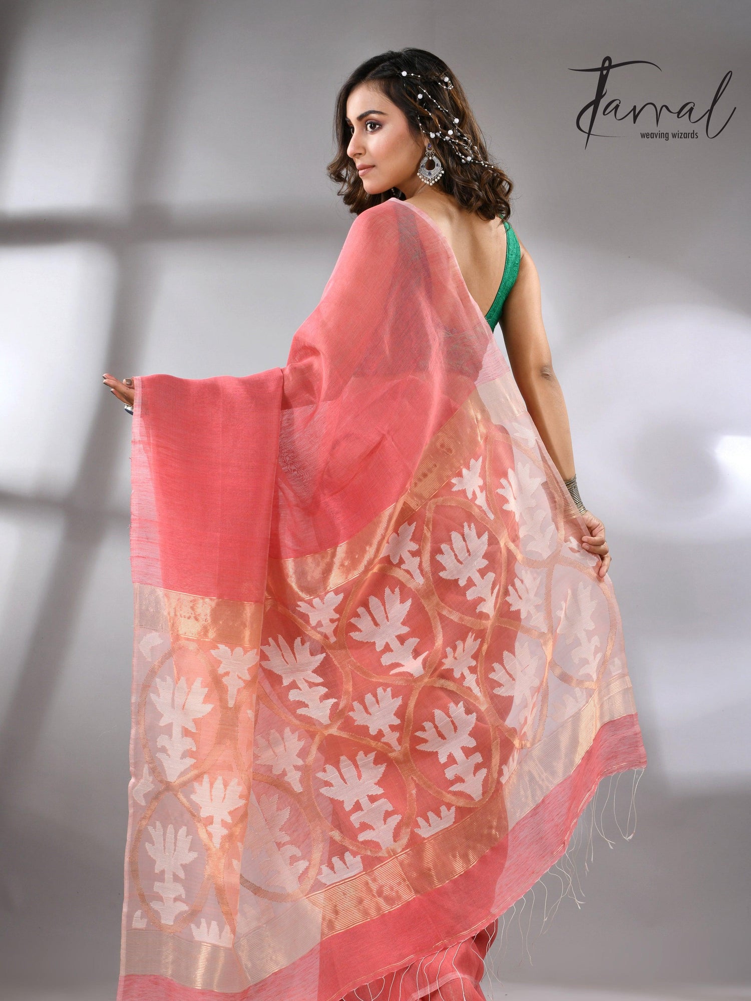 Coral Pink Handwoven Jamdani Saree with White & Golden Lotus Motif back