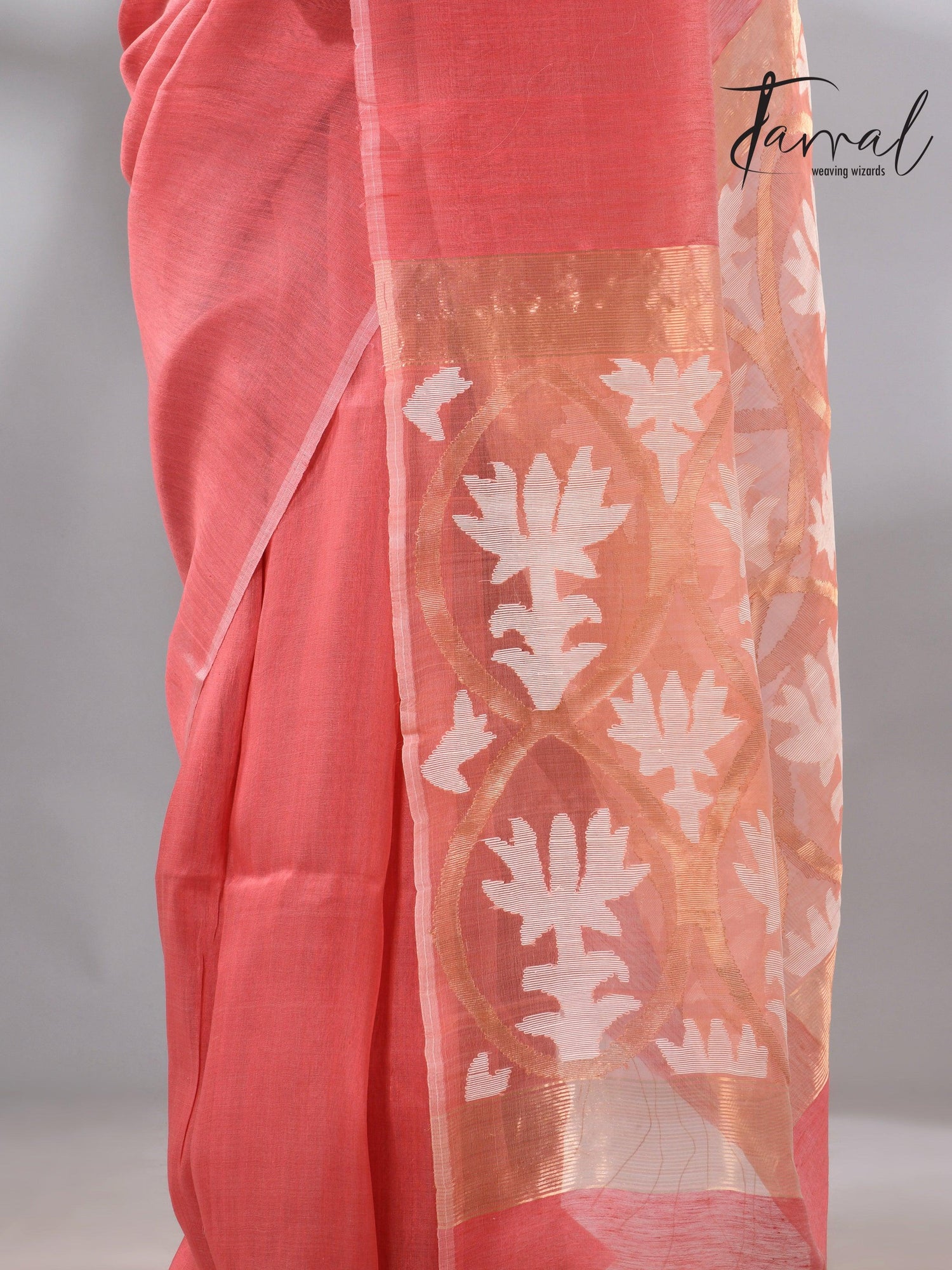 Coral Pink Handwoven Jamdani Saree with White & Golden Lotus Motif bottom