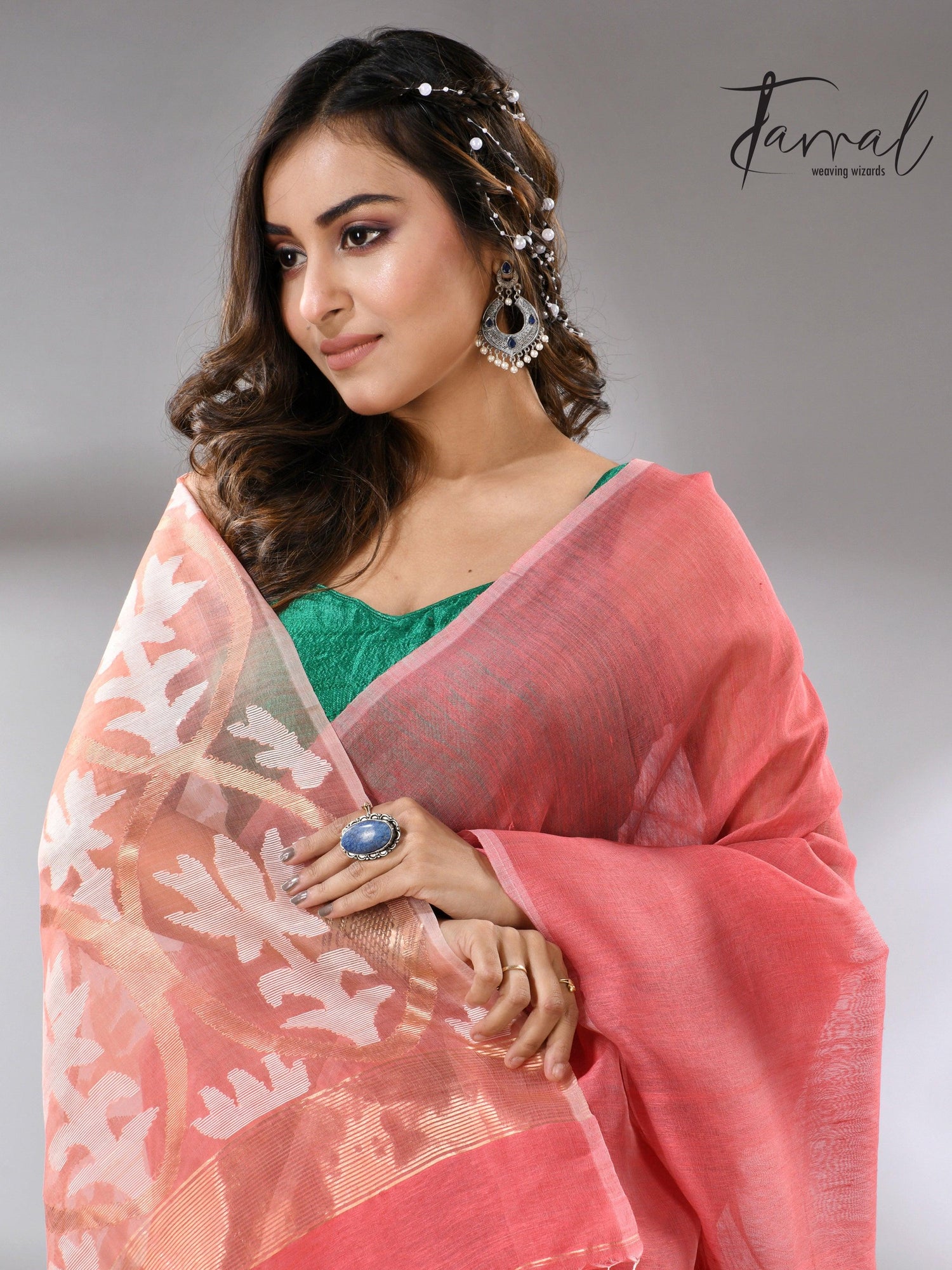 Coral Pink Handwoven Jamdani Saree with White & Golden Lotus Motif cls