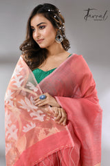 Coral Pink Handwoven Jamdani Saree with White & Golden Lotus Motif cls